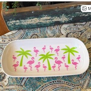 Flamingo Palm Serving Tray White Melamine Platter Tropical Pink Green 12 Inch